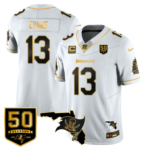 Men's Tampa Bay Buccaneers 50th Season Limited Jersey - All Stitched Mike Evans - 13 White Gold Jersey