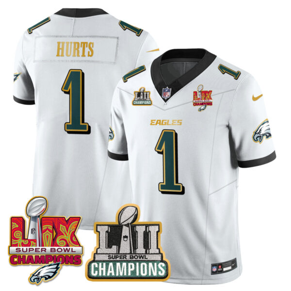 Philadelphia Eagles LII-LIX Super Bowl Champions Vapor Limited Gold Jersey - All Stitched - White - Jalen Hurts Jersey