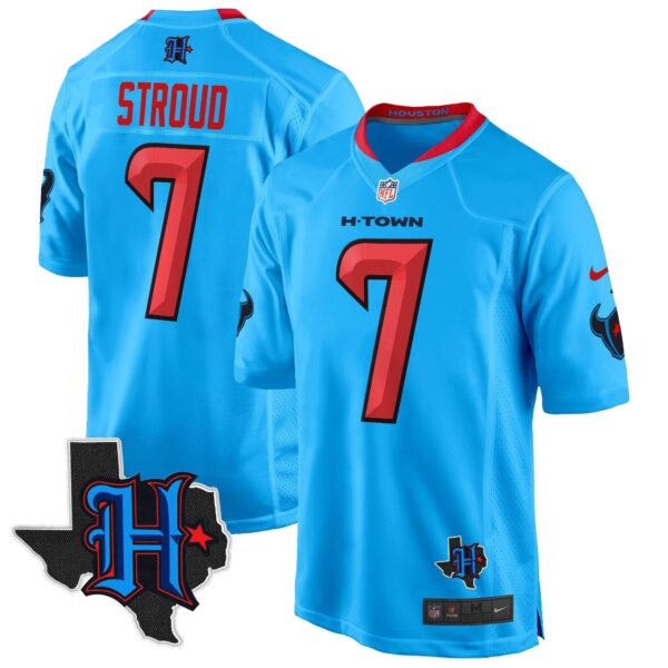 Houston Texans 2024 Texas Patch Game Jersey - All Stitched - Blue - C.J. Stroud Jersey