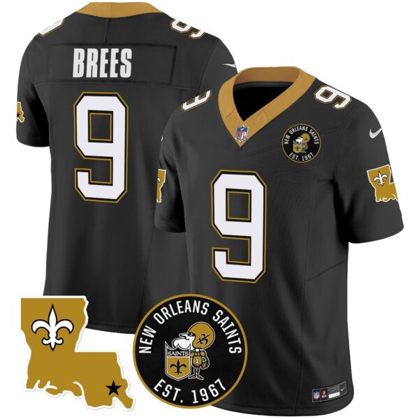 Saints EST. 1967 Patch Vapor Jersey - All Stitched - Black - Drew Brees Jersey