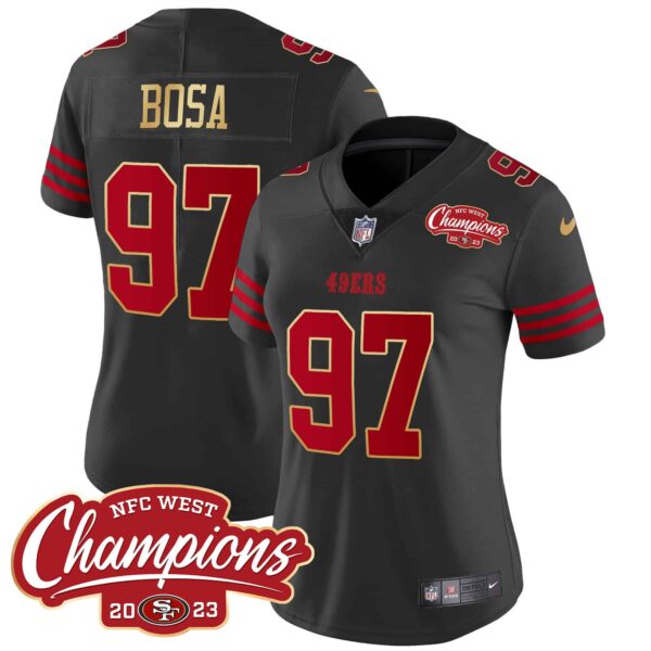 Women's 49ers NFC West Champions Gold Trim Vapor Jersey - All Stitched - Black - Nick Bosa
