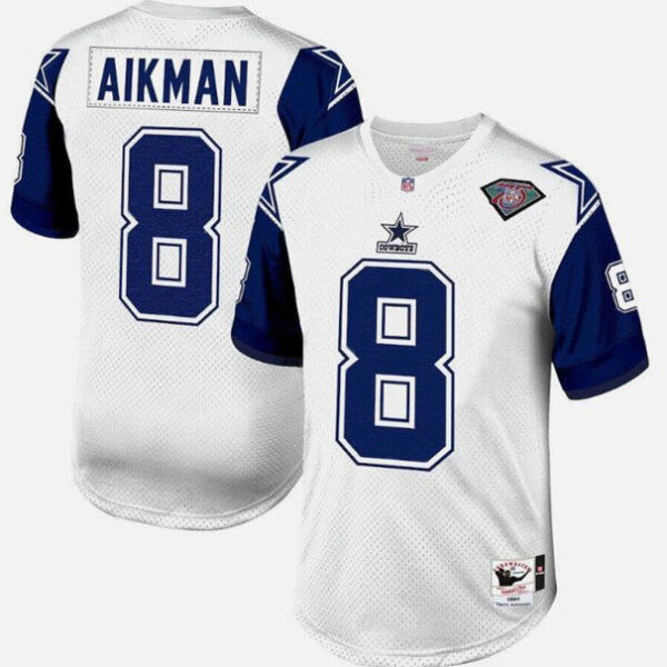 Dallas Cowboys #8 Troy Aikman White 1994 Mitchell Ness Throwback Stitched Jersey
