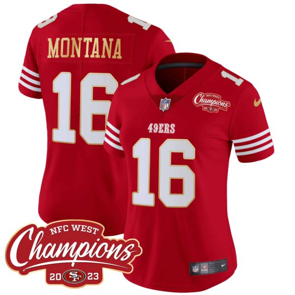 Women's 49ers NFC West Champions Gold Trim Vapor Jersey - All Stitched - Red - Joe Montana