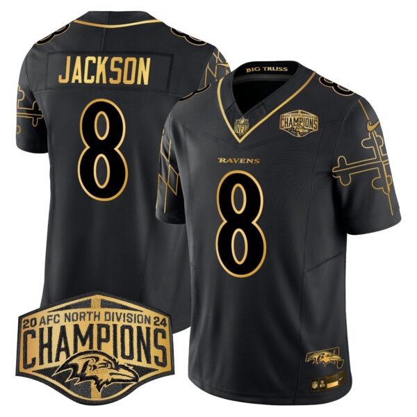 Ravens Maryland Flag Map 2024 AFC North Division Champions Patch Gold Vapor Limited Jersey - All Stitched - Black Gold - Lamar Jackson Jersey
