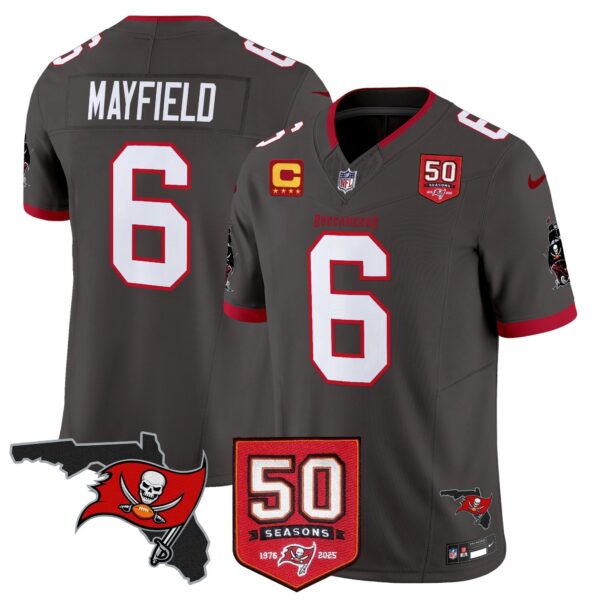 Tampa Bay Buccaneers 50th Season Patch Vapor Limited Jersey - All Stitched - Pewter - Baker Mayfield Jersey