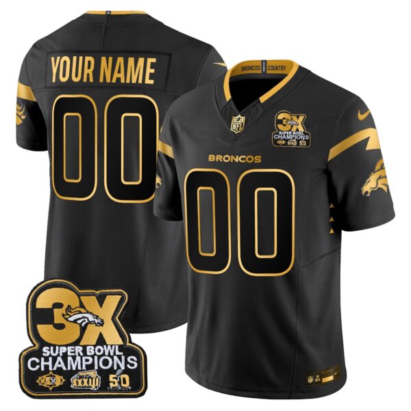 Denver Broncos 3-Time Champions Patch Gold Vapor Limited Custom Jersey - All Stitched - Men - Black Gold Jersey