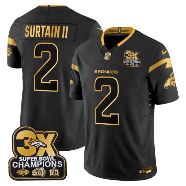 Denver Broncos 3-Time Champions Patch Gold Vapor Limited Jersey - All Stitched - Black Gold - Patrick Surtain II Jersey