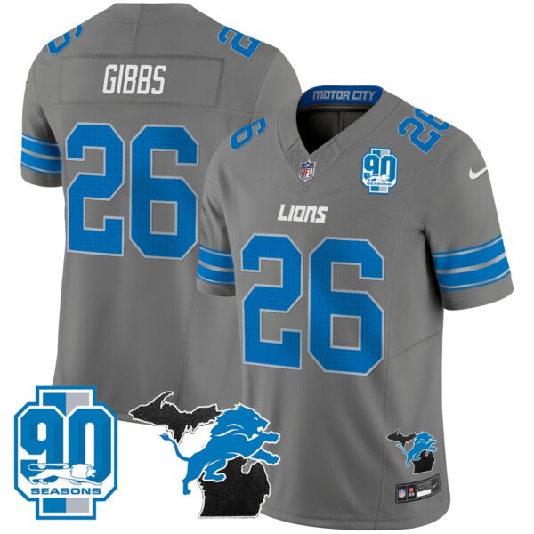 Detroit Lions 2024 Michigan & 90th Year Patch Vapor Jersey - All Stitched - Gray - Jahmyr Gibbs Jersey
