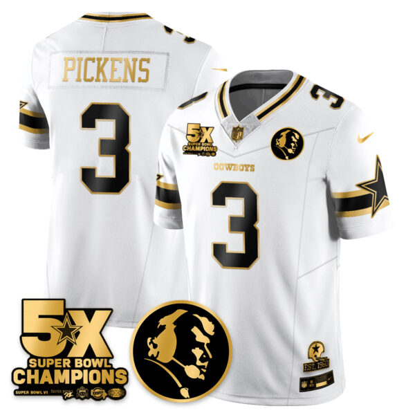 Dallas Cowboys 5-Time Champions Vapor Limited Gold Jersey - John Madden Patch - All Stitched - White Gold - George Pickens Jersey