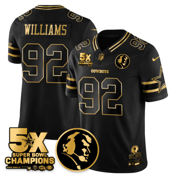 Dallas Cowboys 5-Time Champions Vapor Limited Gold Jersey - John Madden Patch - All Stitched - Black Gold - Quinnen Williams Jersey