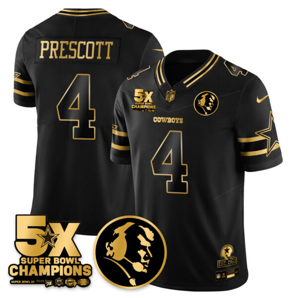 Dallas Cowboys 5-Time Champions Vapor Limited Gold Jersey - John Madden Patch - All Stitched - Black Gold - Dak Prescott Jersey