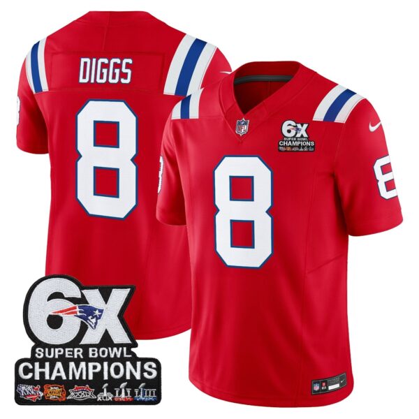 New England Patriots 6-Time Champions Patch Vapor Limited Jersey - All Stitched - Red - Stefon Diggs Jersey