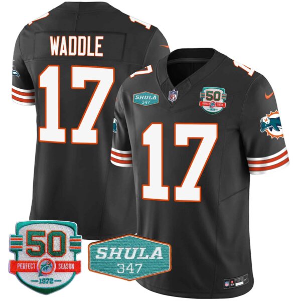 Men’s Dolphins Throwback Shula 347 Patch Vapor Jersey – All Stitched – Black – Jaylen Waddle