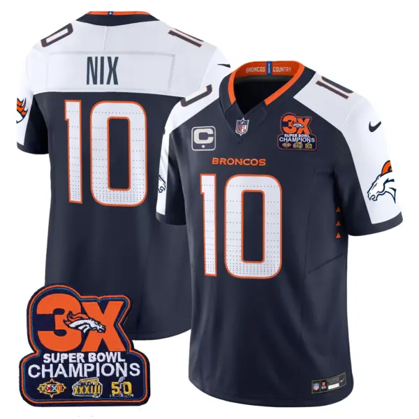 Mens Denver Broncos 3 Time Champions Patch Vapor Limited Jersey Bo Nix Jersey Navy Alternate