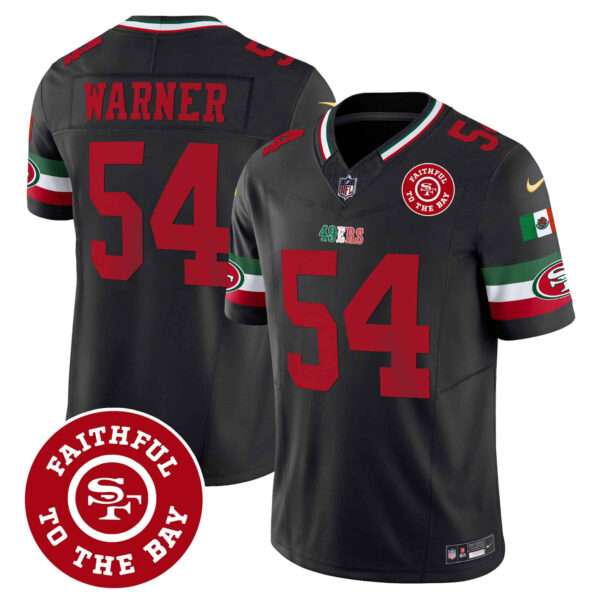 Men’s 49ers Mexico Faithful To The Bay Patch Vapor Jersey – All Stitched – Black – Fred Warner