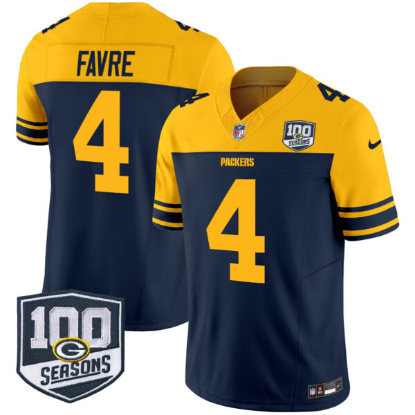 Men’s Green Bay Packers Throwback 100th Season Patch Vapor Limited Jersey – All Stitched – Navy – Brett Favre