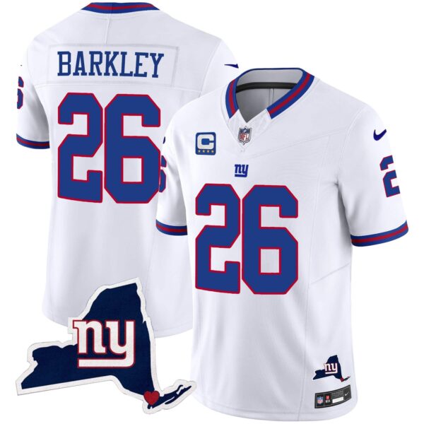 Men’s Giants New York State Map Patch Limited Jersey V2 – All Stitched – White – Saquon Barkley
