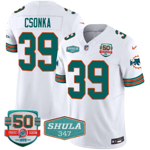 Men’s Dolphins Throwback Shula 347 Patch Vapor Jersey – All Stitched – White – Larry Csonka