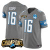 Men’s Detroit Lions 2023 NFC North Champions Patch Vapor Jersey V2 – All Stitched – Gray – Jared Goff
