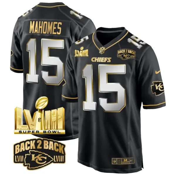 Mens Kansas City Chiefs Super Bowl LVIII Back 2 Back Gold Game Jersey Patrick Mahomes Jersey Black Limited