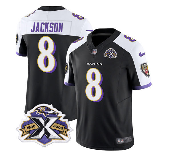 Men’s Baltimore Ravens #8 Lamar Jackson Black White 2023 F.U.S.E With Patch Throwback Vapor Limited Stitched Jersey
