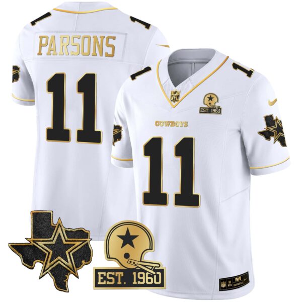 Men’s Cowboys Texas Patch Gold Vapor Jersey – All Stitched – White Gold – Micah Parsons
