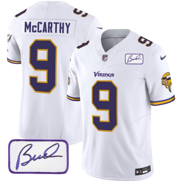 Men’s Vikings Bud Grant Patch Classic Limited Jersey V6 – All Stitched – White – J.J. McCarthy