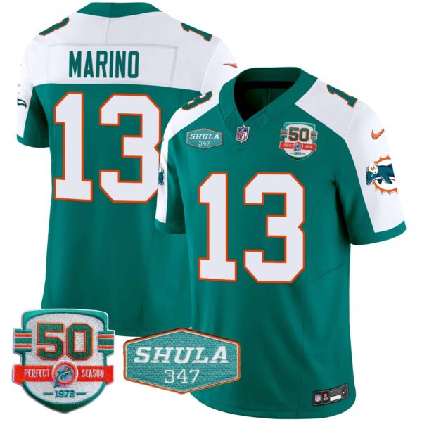 Men’s Dolphins Throwback Shula 347 Patch Vapor Jersey – All Stitched – Aqua Alternate – Dan Marino