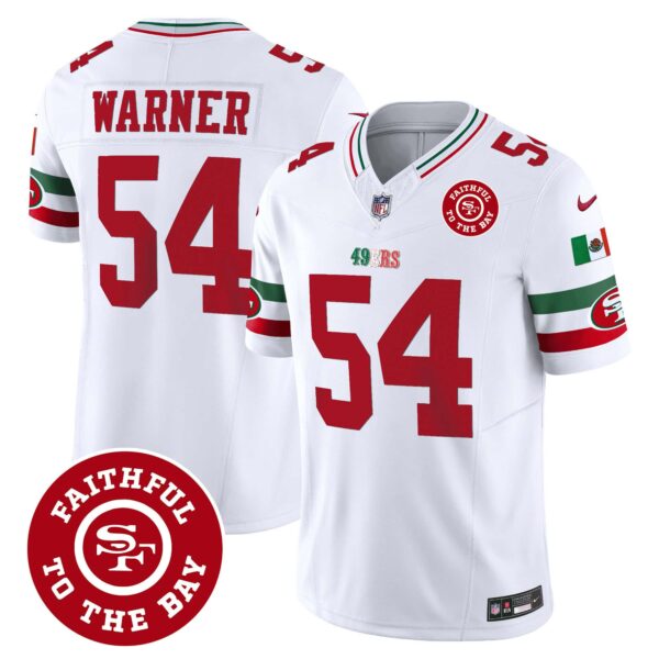 Men’s 49ers Mexico Faithful To The Bay Patch Vapor Jersey – All Stitched – White – Fred Warner