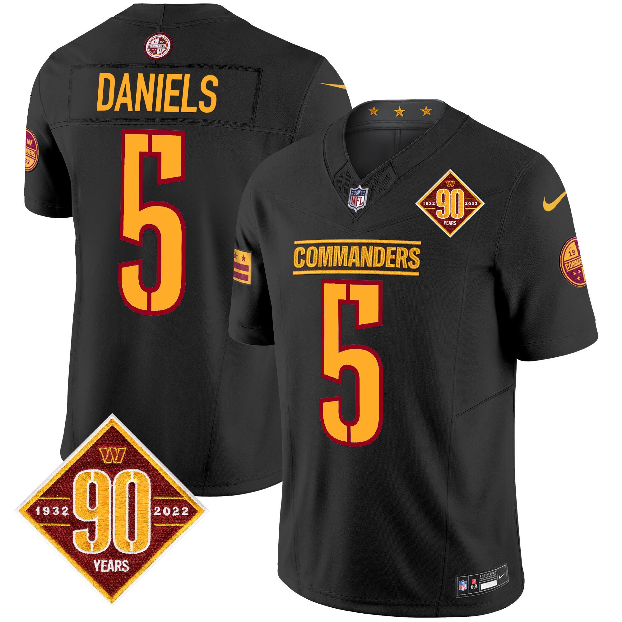 Men’s Washington Commanders 90th Anniversary Patch Vapor Limited Jersey – All Stitched – Black – Jayden Daniels