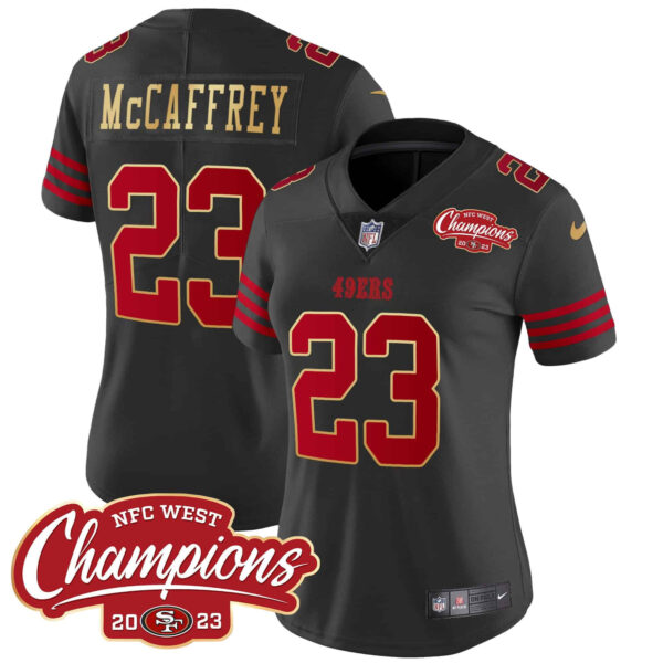 Women’s 49ers NFC West Champions Gold Trim Vapor Jersey – All Stitched – Black – Christian McCaffrey