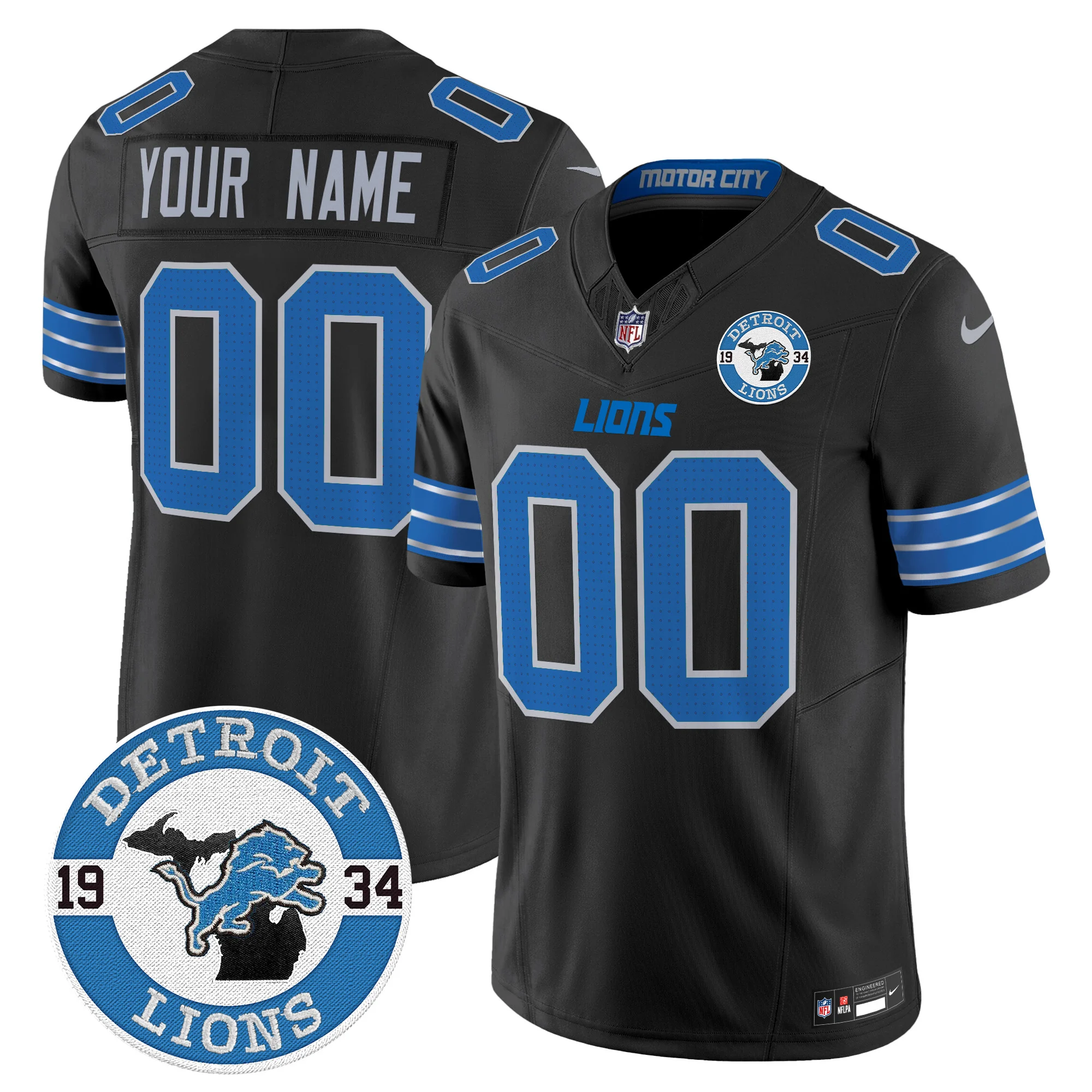 Detroit Lions 2024 Vapor Limited Custom Jersey Est 1934 Patch Black