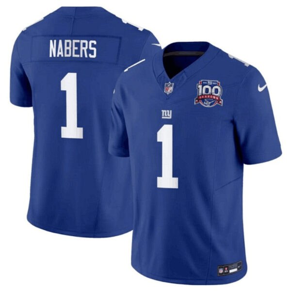 New York Giants #1 Malik Nabers Blue 2024 Draft Fuse 100Th Season Patch Vapor Jersey