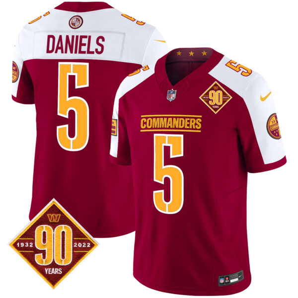 Men’s Washington Commanders 90th Anniversary Patch Vapor Limited Jersey – All Stitched – Burgundy Alternate – Jayden Daniels
