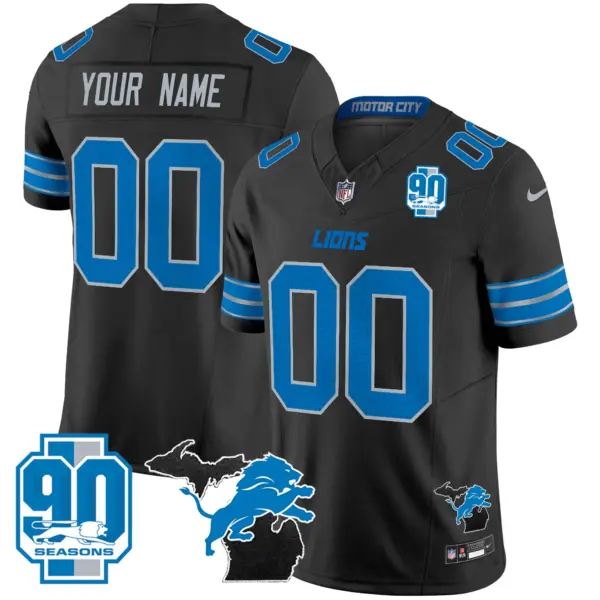 Men’s Detroit Lions 2024 Michigan 90Th Year Patch Vapor Custom Jersey Black