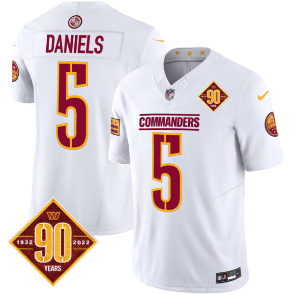 Men’s Washington Commanders 90th Anniversary Patch Vapor Limited Jersey – All Stitched – White – Jayden Daniels