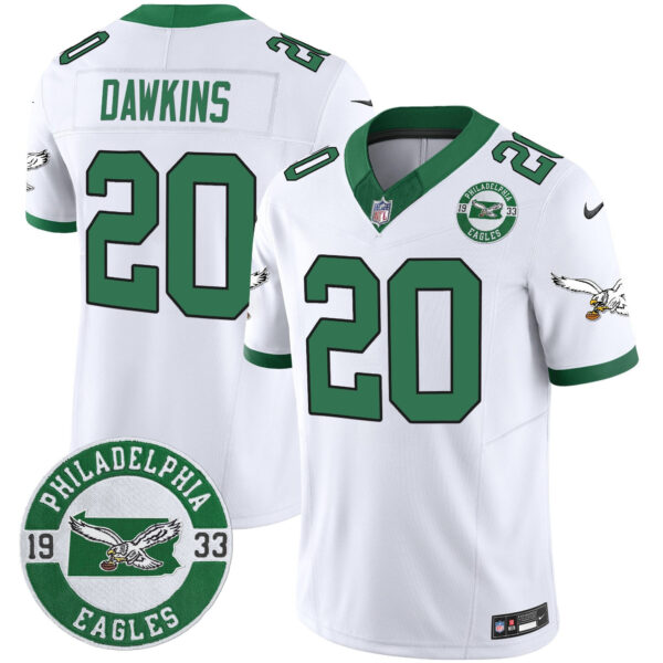 Philadelphia Eagles 2024 Throwback Vapor Limited Jersey – Est. 1933 Patch – All Stitched – Kelly White – Brian Dawkins Jersey