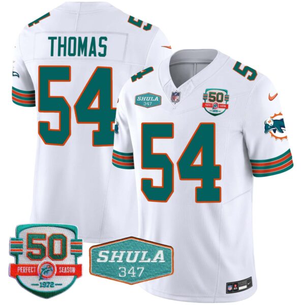 Men’s Dolphins Throwback Shula 347 Patch Vapor Jersey – All Stitched – White – Zach Thomas