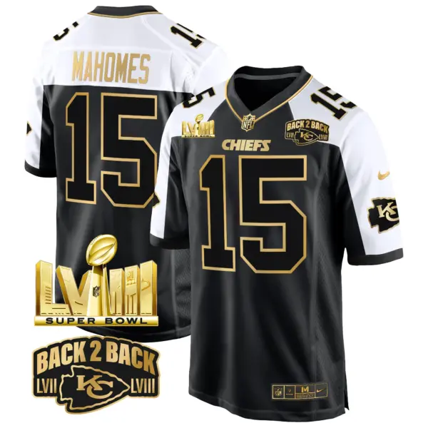 Mens Kansas City Chiefs Super Bowl LVIII Back 2 Back Gold Game Jersey Patrick Mahomes Jersey Alternate