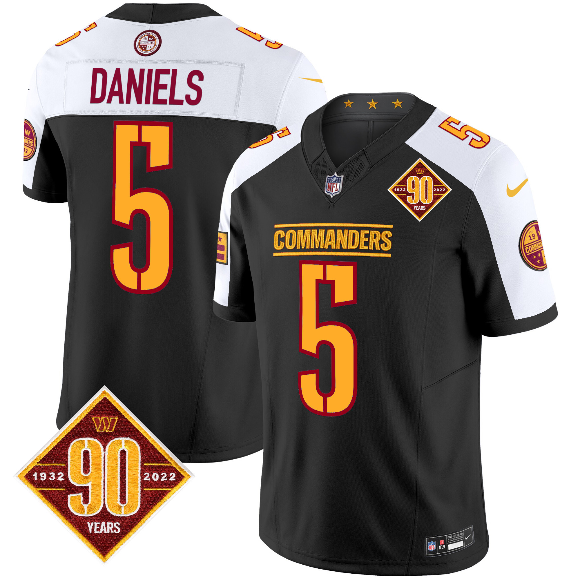 Men’s Washington Commanders 90th Anniversary Patch Vapor Limited Jersey – All Stitched – Black Alternate – Jayden Daniels