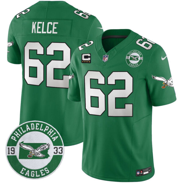 Philadelphia Eagles 2024 Throwback Vapor Limited Jersey – Est. 1933 Patch – All Stitched – Kelly Green – Jason Kelce Jersey