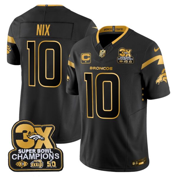 Denver Broncos 3-Time Champions Patch Gold Vapor Limited Jersey – All Stitched – Black Gold – Bo Nix Jersey