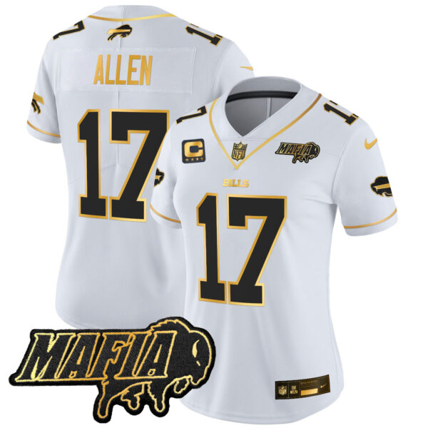 Women’s Buffalo Bills 2024 Bills Mafia Patch Gold Vapor Limited Jersey – All Stitched – White Gold – Josh Allen Jersey