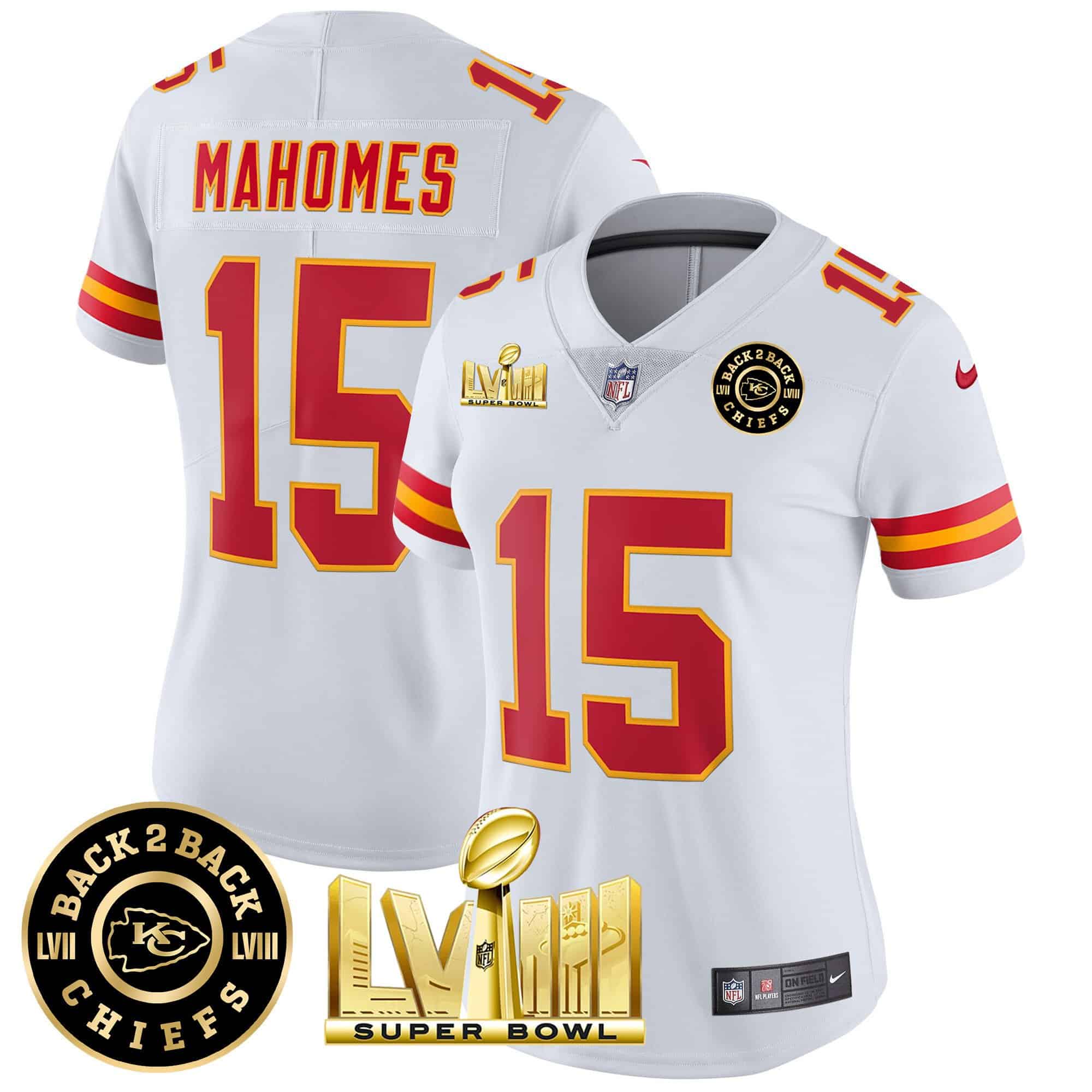 Women’s Chiefs Super Bowl LVIII & Back 2 Back Patch Vapor Jersey V3 – All Stitched – White – Patrick Mahomes