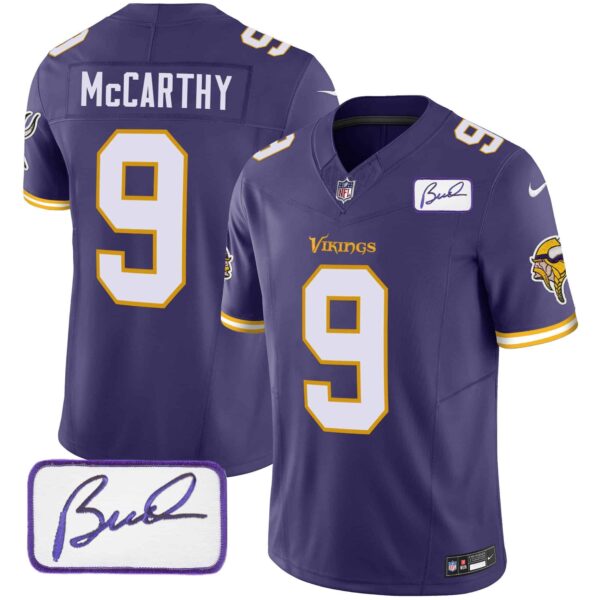 Men’s Vikings Bud Grant Patch Classic Limited Jersey V6 – All Stitched – Purple – J.J. McCarthy