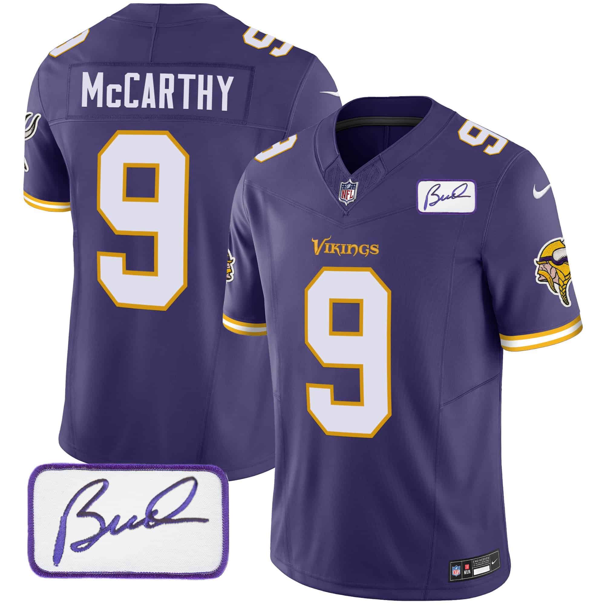 Men’s Vikings Bud Grant Patch Classic Limited Jersey V6 – All Stitched – Purple – J.J. McCarthy
