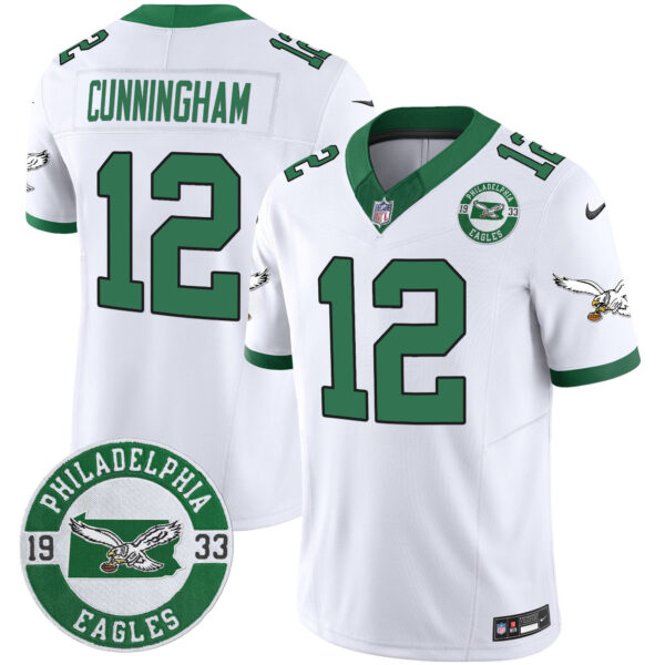 Philadelphia Eagles 2024 Throwback Vapor Limited Jersey – Est. 1933 Patch – All Stitched – Kelly White – Randall Cunningham Jersey