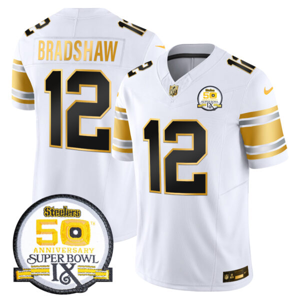 Men’s Steelers 50th Anniversary of Super Bowl IX Patch Gold Vapor Limited Jersey – All Stitched – White Gold – Terry Bradshaw