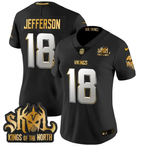 Womens Minnesota Vikings 2024 Winter Warrior Skol Patch Gold Vapor Limited Jersey Justin Jefferson Jersey Black Limited