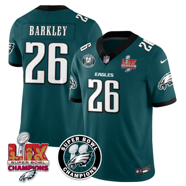 Men’s Philadelphia Eagles Super Bowl LIX Champions Jersey – All Stitched Green Saquon Barkley – 26 Jersey